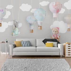 Teddy Bear Child Map Hot Air Balloon Removable Wallpaper