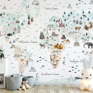 Soft World Map Little Animals and Famous Landmarks Wallpaper