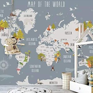 World Map and Animal Kids Textile Wallpaper