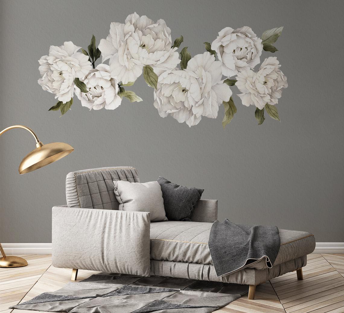 White Peony Flowers Removable Floral Wall Decal Set 1 White Peony Flowers Removable Floral Wall Decal Set