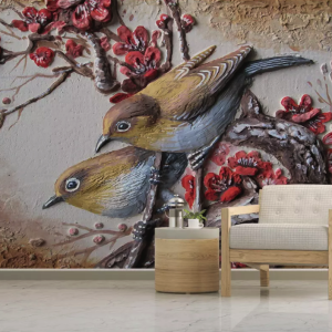3D Embossed Cement Sculpture Bird Colorful Tree Modern Wallpaper