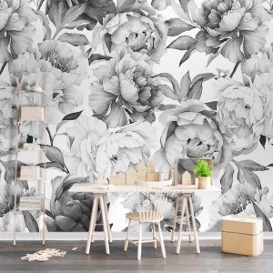 Charcoal Flower Monochrome Peony Wallpaper