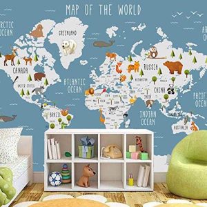 Blue World Map Wall Mural Cartoon Animal Wallpaper