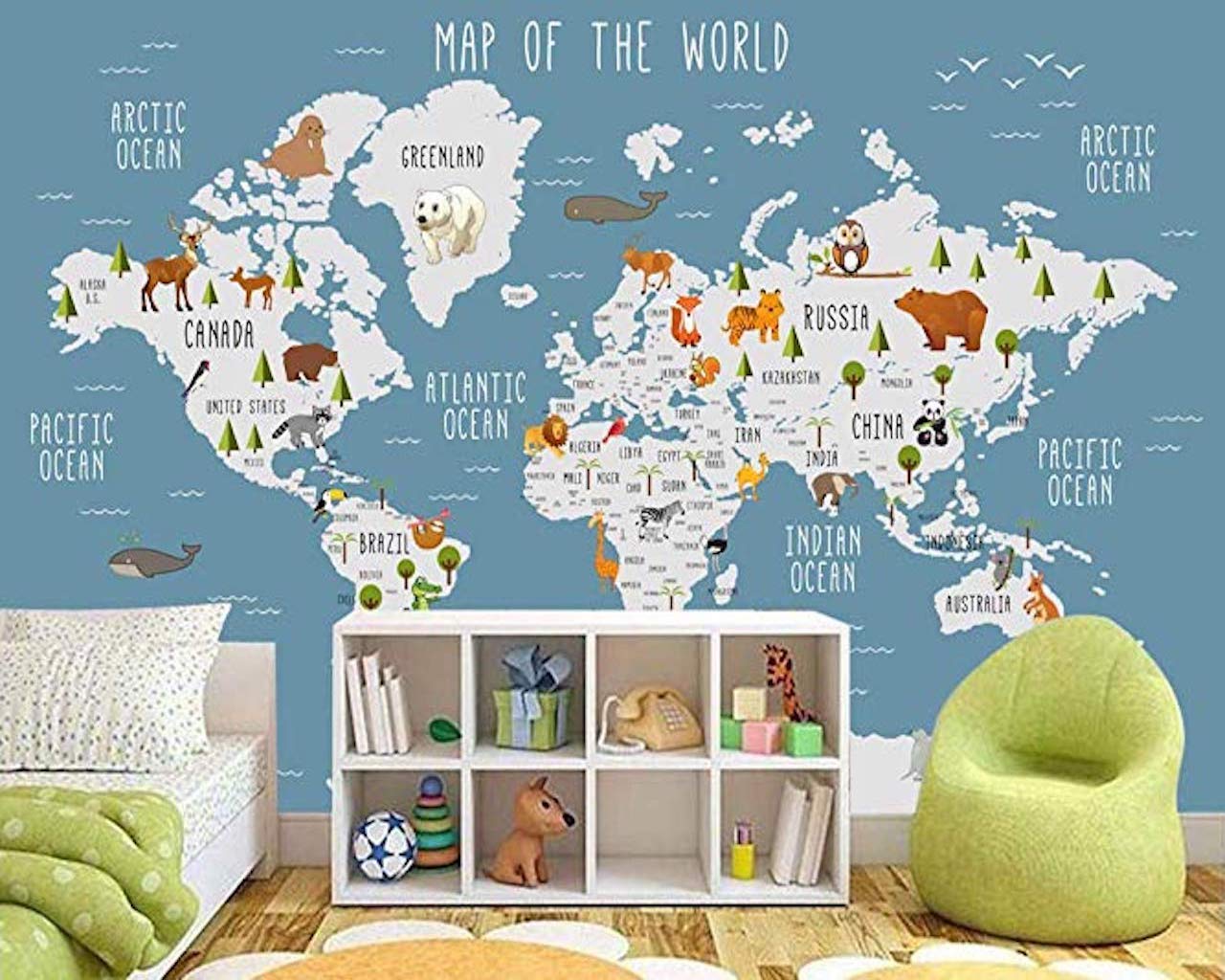 Blue World Map Wall Mural Cartoon Animal Wallpaper 1 Blue World Map Wall Mural Cartoon Animal Wallpaper