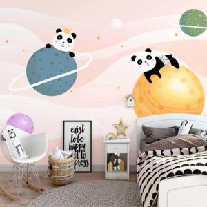 Planets and Pandas on the Pinkish Background Colorful Removable Wallpaper