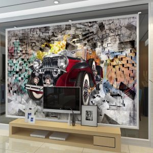 3D Vintage Classic Car Graffiti Brick Wallpaper