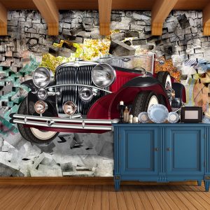 3D Vintage Classic Car Graffiti Brick Wallpaper