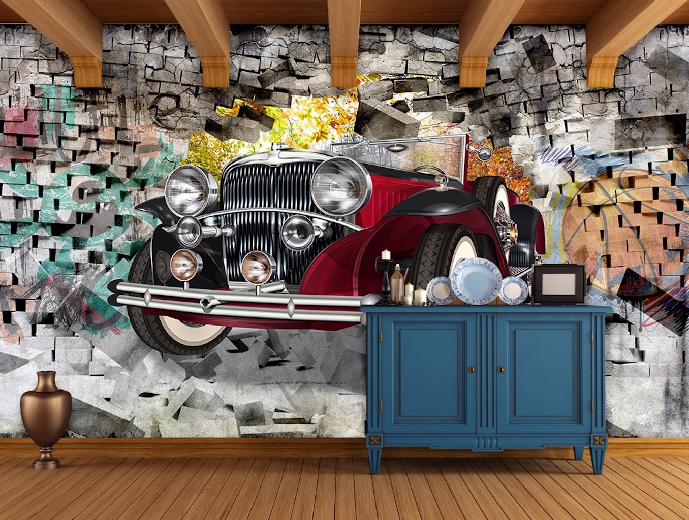 3D Vintage Classic Car Graffiti Brick Wallpaper 5 3D Vintage Classic Car Graffiti Brick Wallpaper