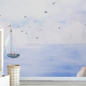 Sea Landscape Lighthouse and Sailboat Wallpaper