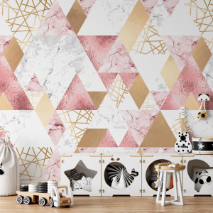 Gray and Pink Geometric Golden Lines Rose Triangles Marble Wallpaper
