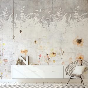 Concrete Background Leaves Yellow Flowers Blossom Removable Wallpaper