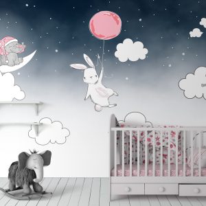 Cartoon Nightscape Rabbit and Elephant Nursery Removable Wallpaper