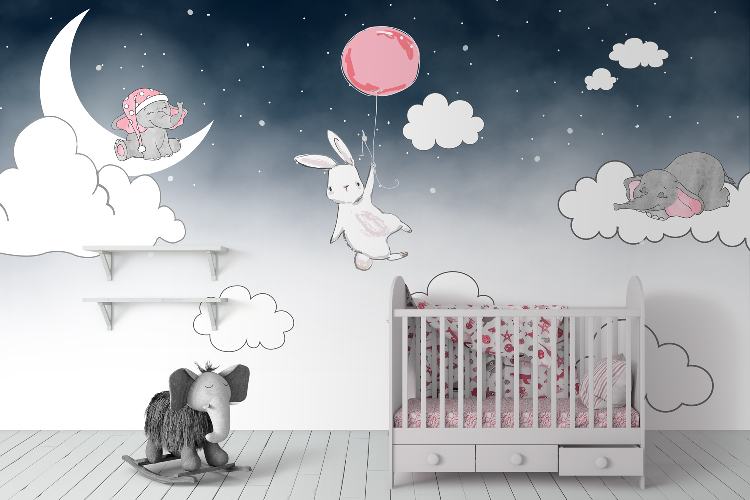 Cartoon Nightscape Rabbit and Elephant Nursery Removable Wallpaper 2 Cartoon Nightscape Rabbit and Elephant Nursery Removable Wallpaper