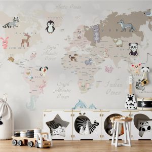 Kids World Map Baby Land and Sea Creatures Animals Oceans Wallpaper