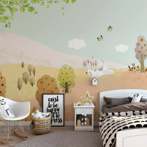 Fruit Tree Cartoon Puppy Kids Room Wallpaper