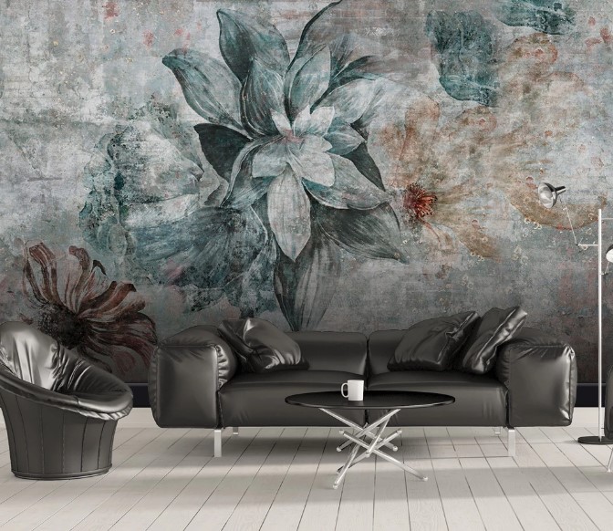 Vintage Flowers Concrete Patterned Removable Wallpaper 3 Vintage Flowers Concrete Patterned Removable Wallpaper