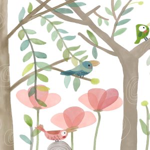 Watercolor Birds And Floral Trees Removable Wallpaper