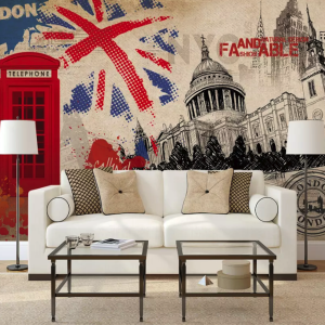 London Landscape, English Flag and Phone Booth Wallpaper