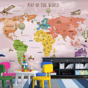 Colorful World Map Airplane and Hot Air Balloon Removable Wallpaper