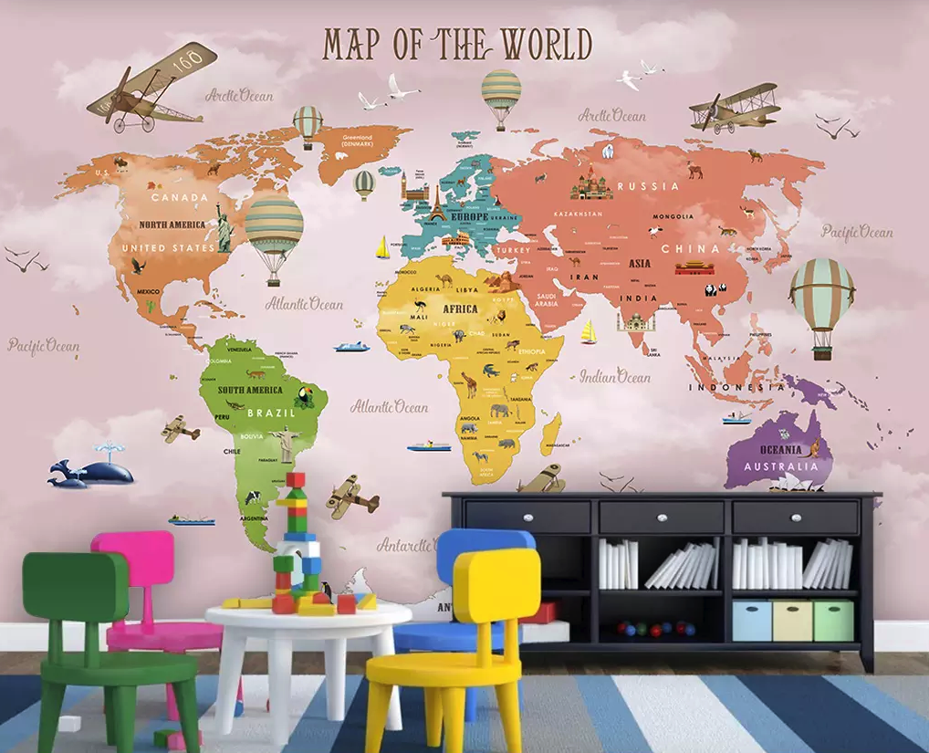 Colorful World Map Airplane and Hot Air Balloon Removable Wallpaper 4 Colorful World Map Airplane and Hot Air Balloon Removable Wallpaper