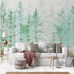 Green Watercolor Trees and Butterflies Removable Wallpaper