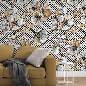 Futuristic White and Gold Flowers Geometric Removable Wallpaper