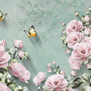 3D Pastel Pink Flower Yellow Little Butterfly Rustic Wallpaper