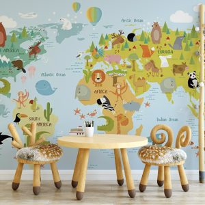 Colorful World Map Animals Wall Paper
