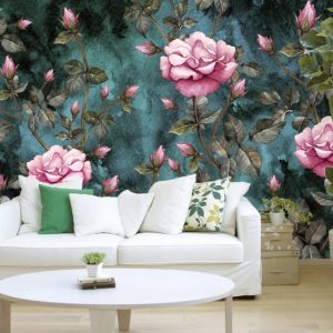 Black Background Pink Flowers Leaves Removable Wallpaper