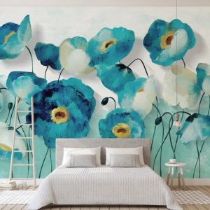 Watercolor Turquoise Long Stem Garden Flowers Plants Removable Wallpaper