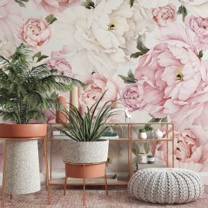 Floral Modern Pink and White Peony Flowers Peonies Removable Wallpaper