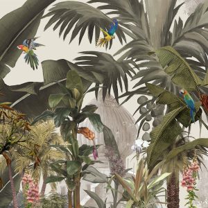 Tropical Jungle Plants and Leaves Parrots Floral Removable Wallpaper