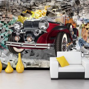 3D Vintage Classic Car Graffiti Brick Wallpaper