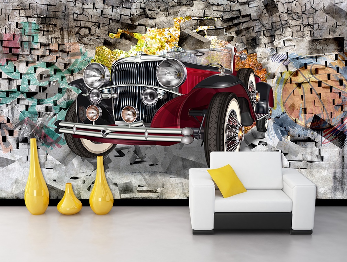 3D Vintage Classic Car Graffiti Brick Wallpaper 2 3D Vintage Classic Car Graffiti Brick Wallpaper