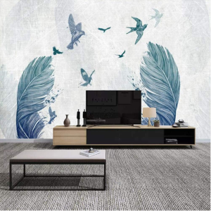 Monochrome Dark Blue Feather With Birds Removable Wallpaper