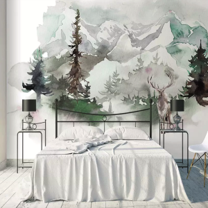 Forest Winterscape Horned Deer Nordic Wallpaper