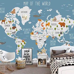 Blue World Map Wall Mural Cartoon Animal Wallpaper