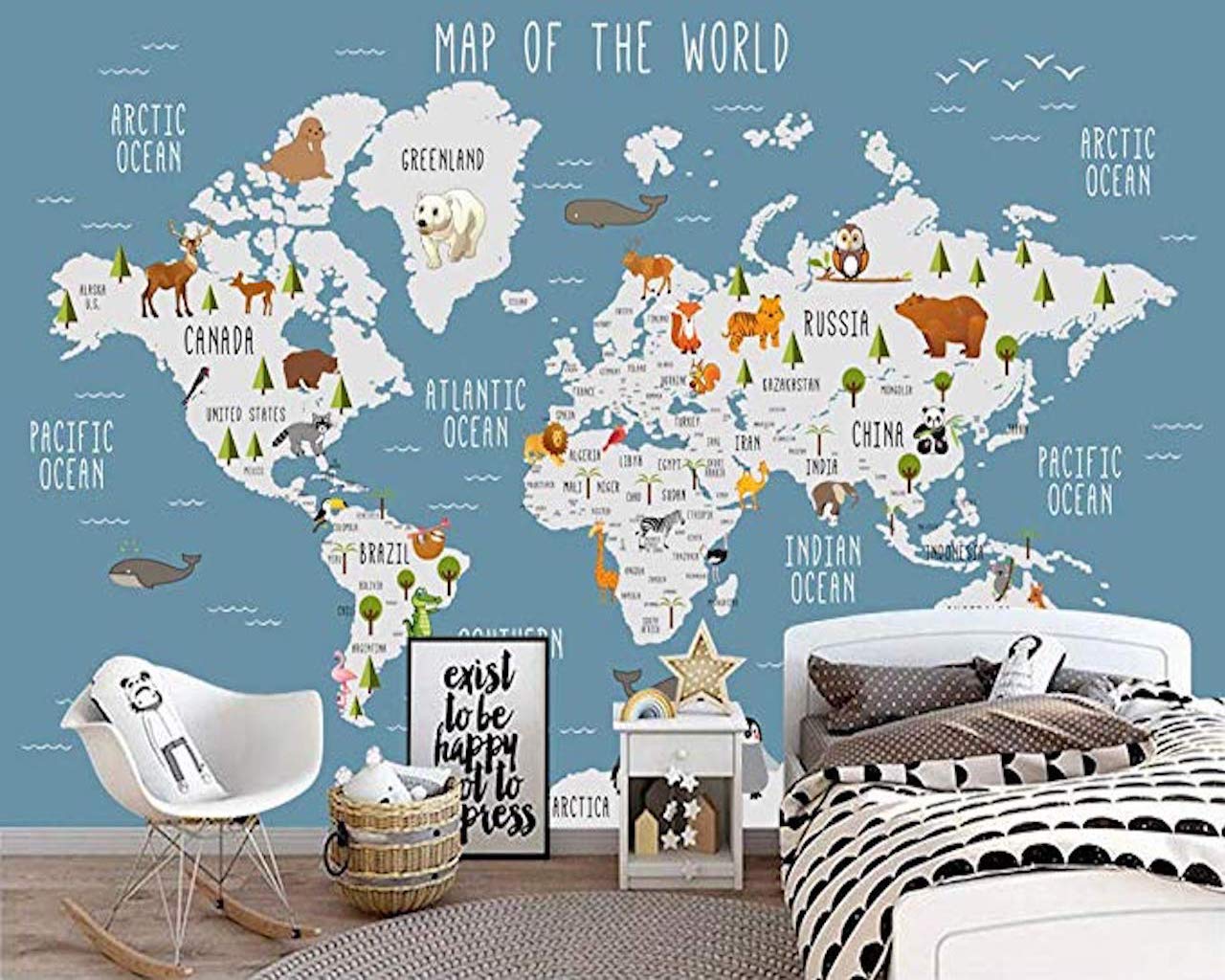 Blue World Map Wall Mural Cartoon Animal Wallpaper 2 Blue World Map Wall Mural Cartoon Animal Wallpaper