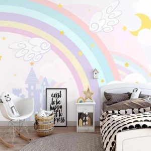 Rainbow with Wings Soft Colors Castle Removable Wallpaper