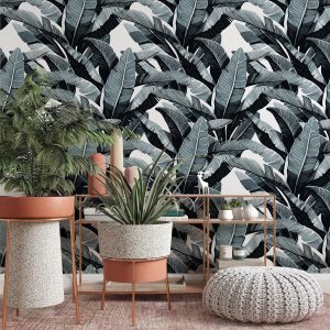 Black and White Banana Palm Leaves Flowers Plants Removable Wallpaper
