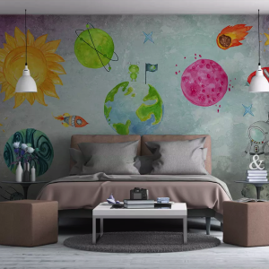 Planets Cartoon Space Astronauts Removable Wallpaper