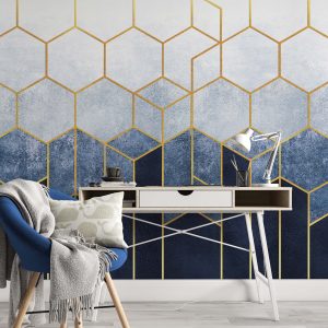 Hexagons on a Blue Background with Gold Elements Removable Wallpaper