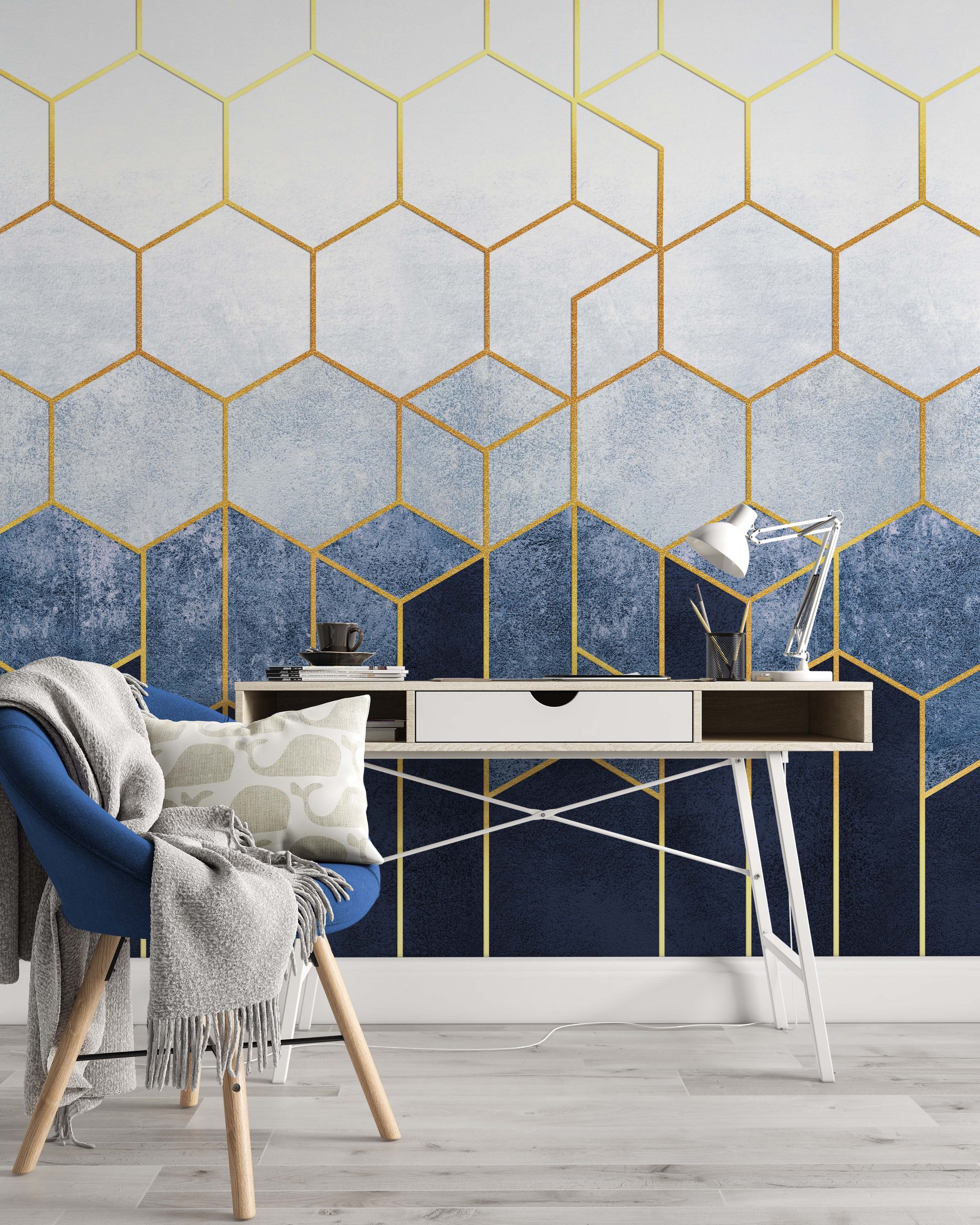 Hexagons on a Blue Background with Gold Elements Removable Wallpaper 2 Hexagons on a Blue Background with Gold Elements Removable Wallpaper