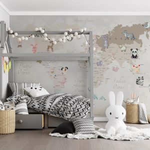 Kids World Map Baby Land and Sea Creatures Animals Oceans Wallpaper