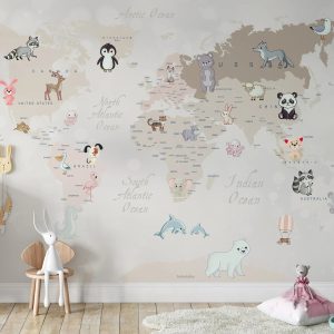 Kids World Map Baby Land and Sea Creatures Animals Oceans Wallpaper