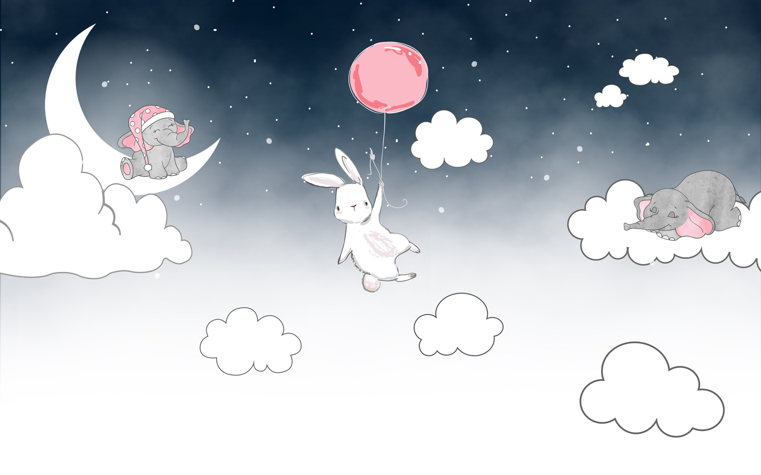 Cartoon Nightscape Rabbit and Elephant Nursery Removable Wallpaper 3 Cartoon Nightscape Rabbit and Elephant Nursery Removable Wallpaper