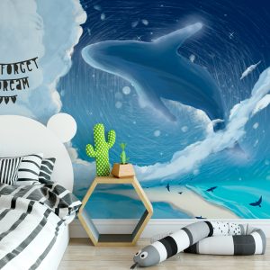 Blue Whale Cartoon Nightscape Removable Wallpaper