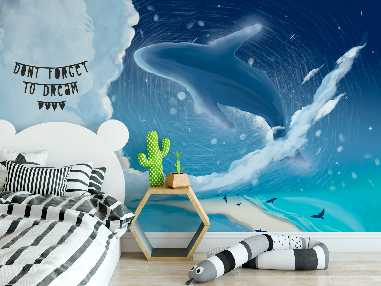 Blue Whale Cartoon Nightscape Removable Wallpaper 3 Blue Whale Cartoon Nightscape Removable Wallpaper