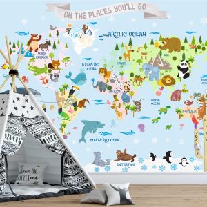 Animals On The World Map Blue Background Colorful Removable Wallpaper