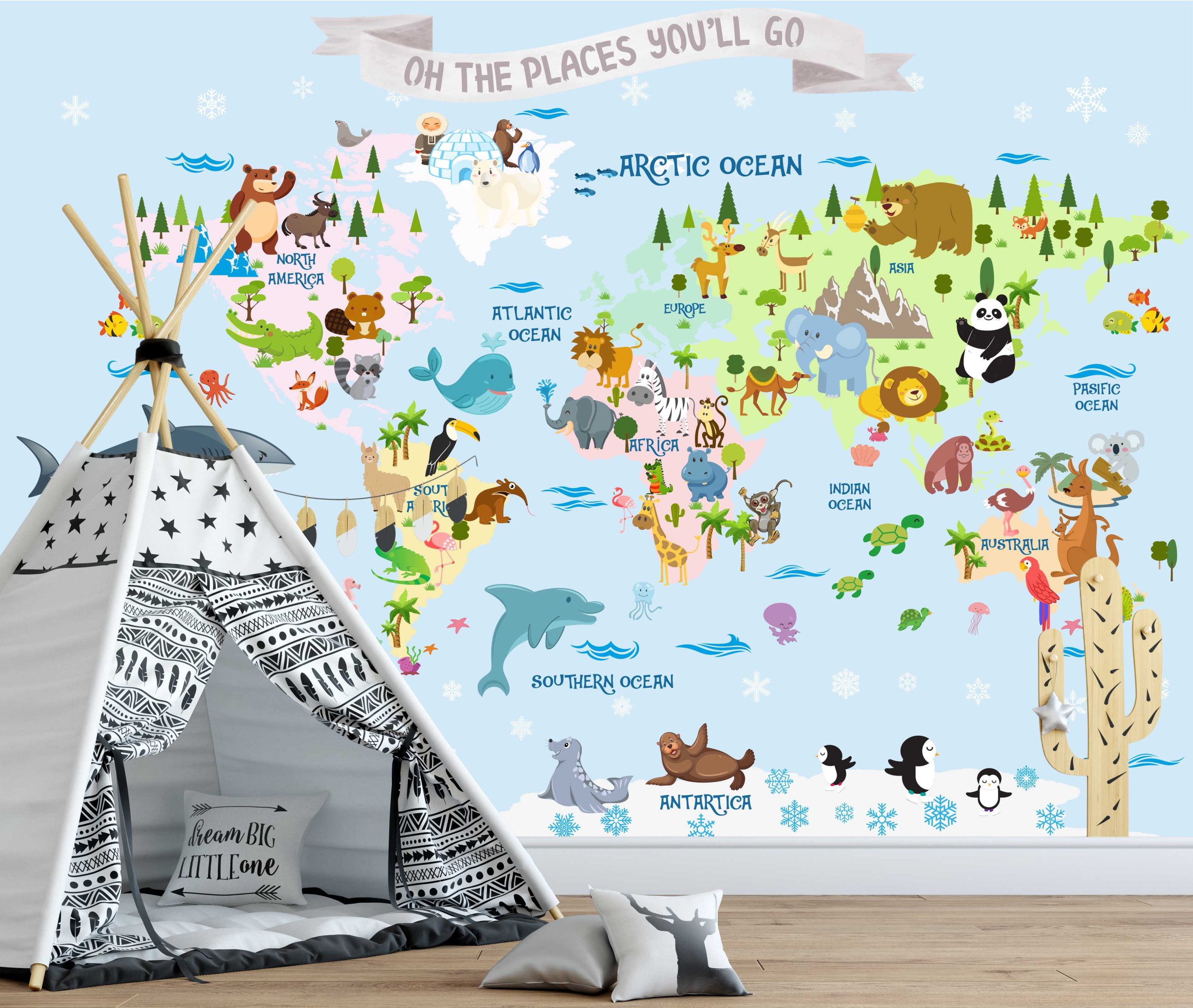 Animals On The World Map Blue Background Colorful Removable Wallpaper 2 Animals On The World Map Blue Background Colorful Removable Wallpaper